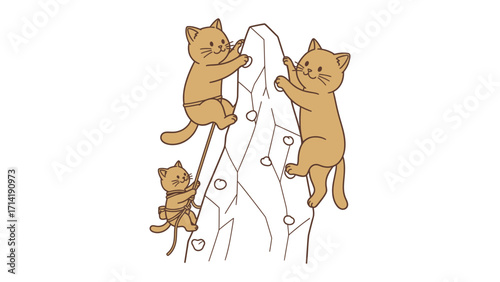 Feline Climbers: A charming illustration of three playful cats scaling a rock face, embodying adventure and camaraderie.