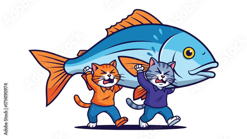 Cats Carrying Fish: Two determined cats struggle to carry an oversized fish. Their humorous expressions and collaborative effort create a whimsical and captivating scene.