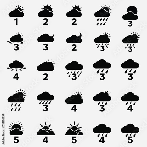 A diverse collection of weather forecast icons in a simple black glyph style, depicting various meteorological conditions from sunny to stormy