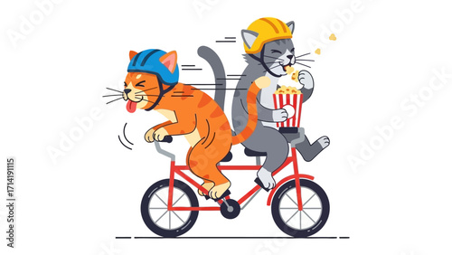 Adventure of Cats: A whimsical illustration of two cats enjoying a bicycle ride, one pedaling with enthusiasm, the other munching on popcorn, helmet on head.
