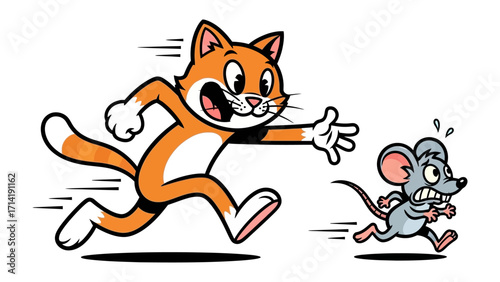 Chase and Escape: A dynamic illustration captures the timeless game of chase, a ginger cat joyfully pursuing a small, frightened mouse across a field of imagination. 