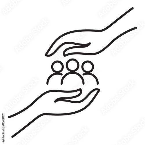 Two hands protecting people linear icon for community care and human rights