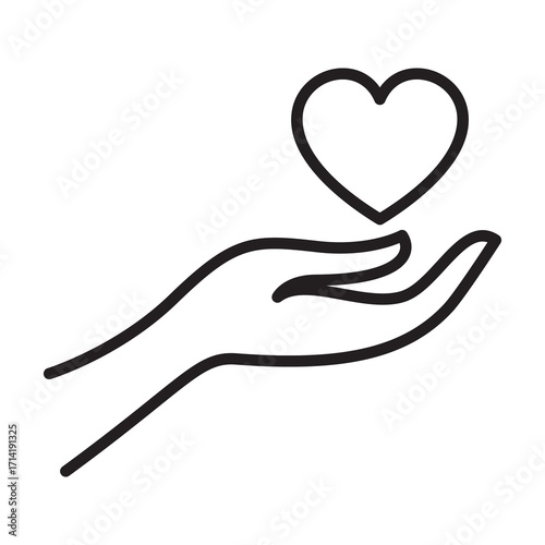Hand holding heart line icon for care and love symbol