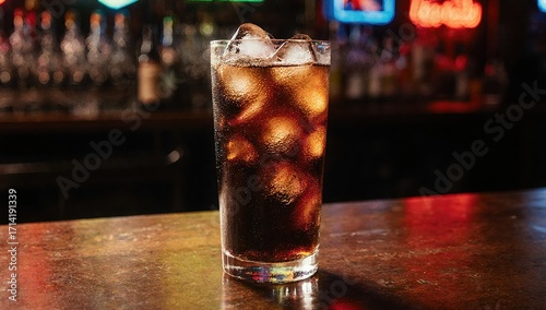 Tall glass of cola with ice on wooden bar table, neon lights reflecting and shining through transparent glass, moody bar atmosphere