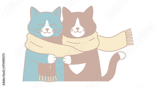 Cuddling Cats: Two cartoon cats embrace in a cozy hug, swathed in a warm scarf, embodying the sweetness of companionship and affection. 