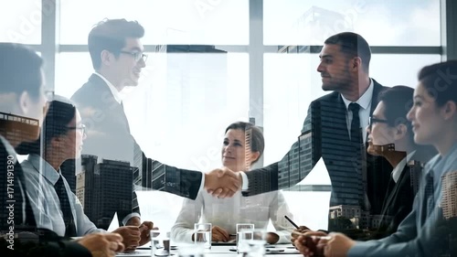 Successful Business Meeting: Handshake and Collaboration in Modern Office Environment