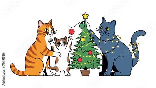 Festive Feline Fun: A trio of adorable cats adorn a vibrant Christmas tree, bringing cheer and festivity to the holiday season, celebrating the joy and anticipation of yuletide.