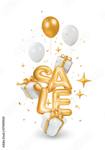 Christmas 3d sale banner with flying falling white gift box with gold bow.. Sale text and golden balloon Merry Christmas and New Year promotion discount card . Vector illustration