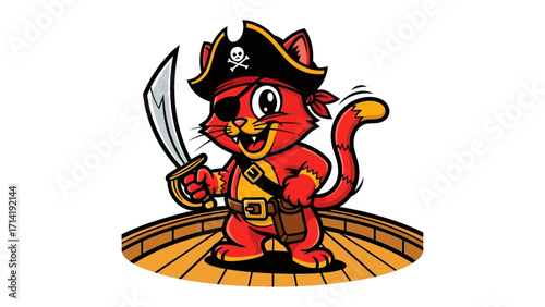 Pirate Cat on Deck: A spirited, animated pirate cat, adorned with an eye patch, sword, and captain's hat, stands proudly on the deck. Ready to embark on an adventure.
