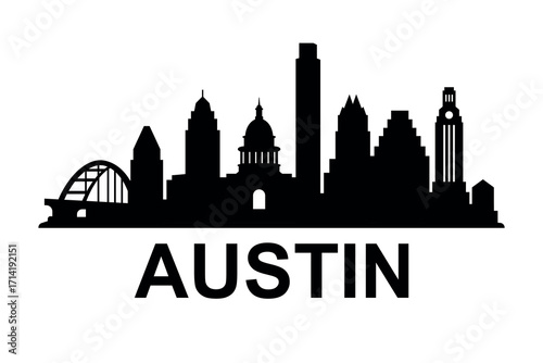 Black silhouette of Austin Texas skyline with Capitol and modern towers