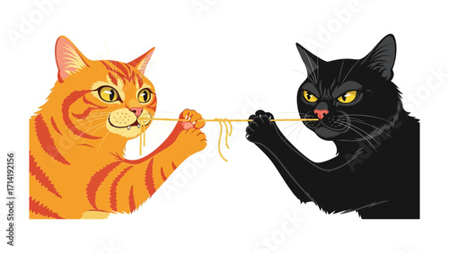 Cats tug of war with spaghetti: This captivating illustration depicts a playful struggle between two cats, one orange and one black.