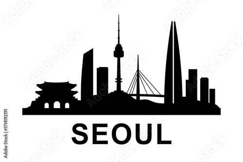 Seoul skyline silhouette with Namsan Tower and traditional Korean gate
