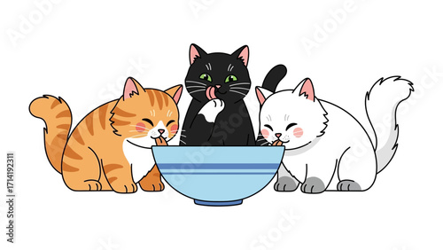 Cute Cats Feast: Three adorable cats, each with unique fur patterns, gather around a shared bowl, engrossed in their delightful meal, symbolizing companionship and contentment.