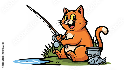 Purrfect Catch: An illustrated scene depicts a cheerful ginger cat engrossed in fishing, rod in hand, capturing the joy of leisure. 