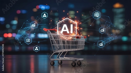 Shopping cart with glowing AI hexagon and surrounding digital icons trolley artificial intelligence