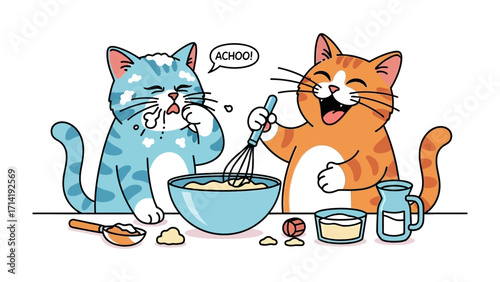 Purrfect Culinary Chaos: Two cartoon cats engage in a cooking adventure, one sneezing dramatically while the other stirs a mixture with glee, showcasing a lighthearted and playful moment.