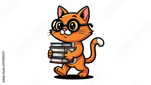 Clever Cat with Books: An adorable, cartoonish cat wearing spectacles carries a stack of books, embodying intelligence and a love for learning.
