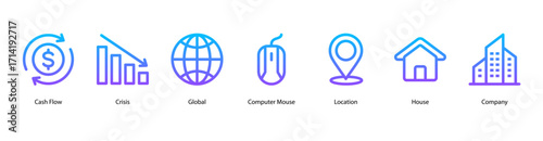 Financial Management web banner icon vector illustration featuring Cash Flow, Crisis, Global, Computer Mouse, Location, House, and Company for worldwide economic decision making.