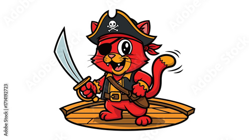 Pirate Cat Adventure: A cheerful red cat embodies the spirit of adventure, dressed as a charismatic pirate, brandishing a sword, and standing on a wooden ship, ready to embark on thrilling escapades.