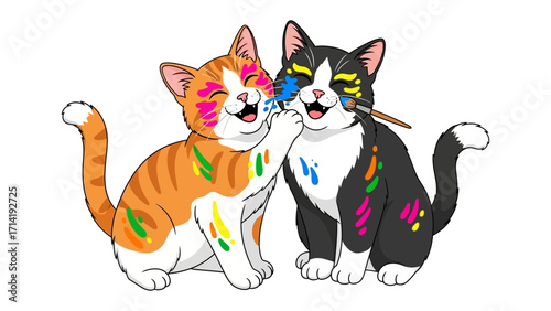 Cat's Colorful Canvas: Two playful feline friends share a creative moment, adorning each other with vibrant brushstrokes of paint.