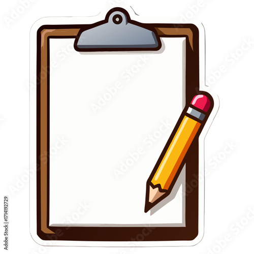 Clipboard pencil paper note writing list memo pad document office school supply stationery clip board blank 100 sticker icon on transparent background 