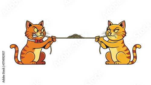 Cat Fight Tug of War: Two illustrated feline protagonists engage in a dramatic tug-of-war with a string, their faces contorted in an expressive display of aggression.