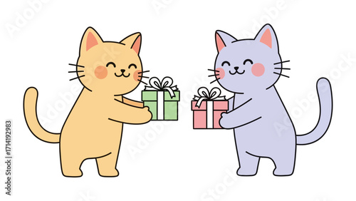 Friendly Feline Gifts: Two cute cartoon cats exchange gifts, each holding a brightly wrapped present with a bow, portraying friendship and generosity with a touch of playful charm.