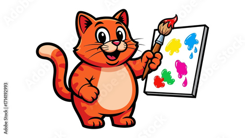 Artistic Cat: A cheerful orange cat, proudly holding a paintbrush and standing beside a colorful palette on a canvas, the embodiment of creative and artistic expression.