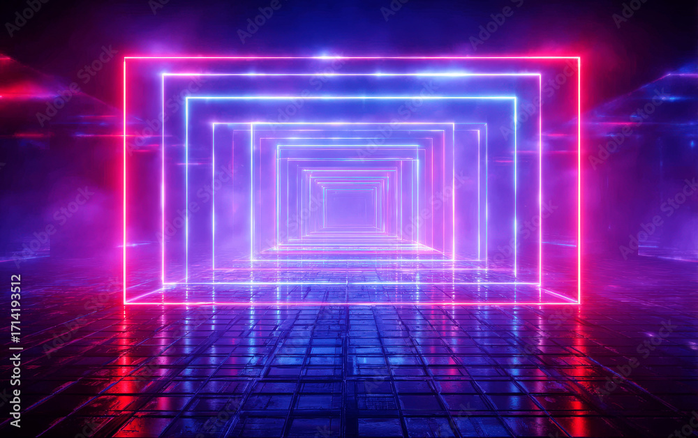 Fototapeta premium Vibrant Neon Light Rectangular Tunnel with Futuristic Glow