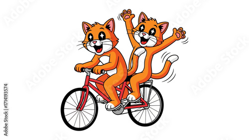 Bicycle Buddies: Cheerful cartoon cats, an adorable duo, joyfully cruise on a vibrant bicycle, epitomizing friendship and playful fun. 