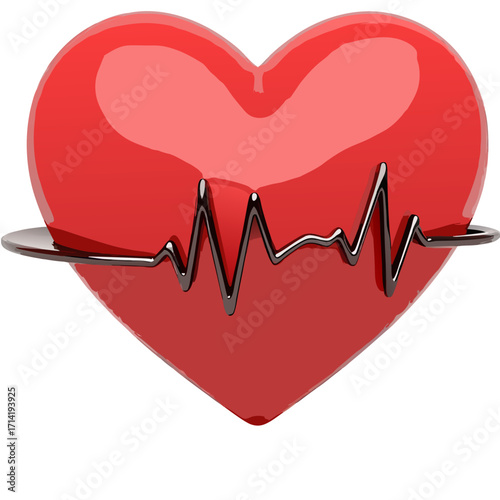 Red heart health heart beat pulse cardiology love healthcare medical rhythm vital sign valentine 3d render sticker icon on transparent background 
