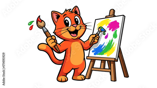 A Cat's Colorful Creation: An artistic cat, full of vibrant creativity, joyfully paints on a canvas, a whimsical display of art and imagination.