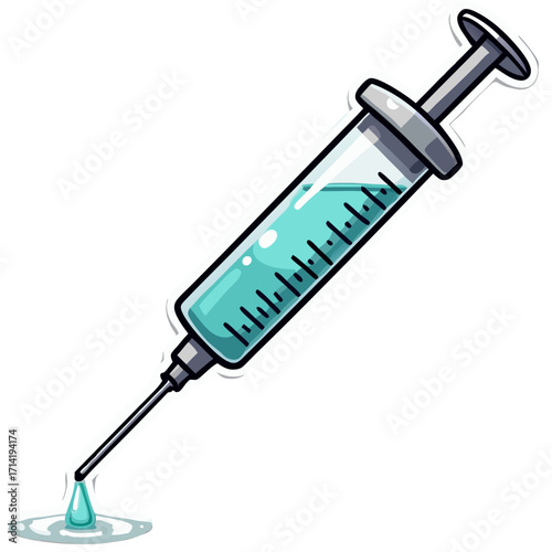 Illustration of a syringe with liquid injection vaccine medical treatment health care immunization shot tool sticker icon on transparent background 