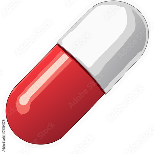 Red and white capsule pill medication health care pharmaceutical medicine remedy treatment supplement drug 100mg sticker icon on transparent background 