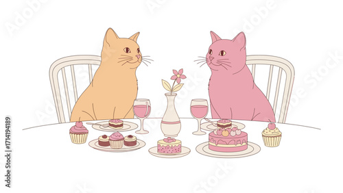Whimsical Feline Feast: An endearing illustration features two charming cartoon cats, enjoying a delightful tea party filled with sweet treats, cakes, and delicate floral decorations.