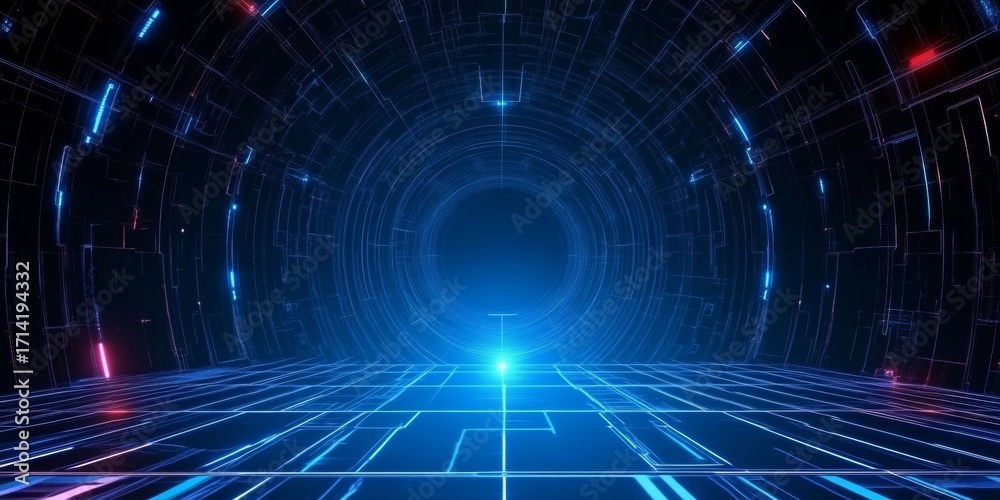 Fototapeta premium Futuristic Neon Tunnel with Illuminated Grid Floor and Dynamic Light Effects for Sci-Fi Visuals