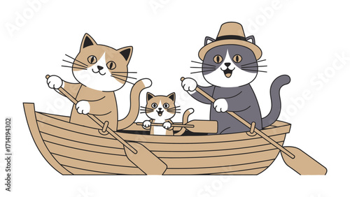 Cute Cats' Boating Trip: Charming illustrations show a family of cats rowing joyfully in a boat, set against a clean background, exuding warmth and happy togetherness.