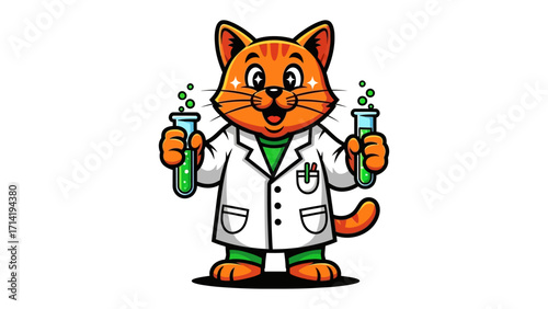 Curious Chemist Cat: An anthropomorphic cat, clad in a lab coat, gleams with excitement while holding test tubes filled with bubbling concoctions.