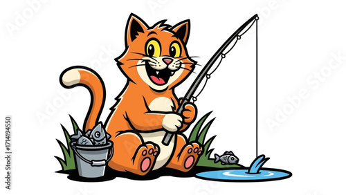 Purrfect Catch: A cheerful, animated cat sits by the water's edge, engrossed in the art of fishing. This heartwarming illustration captures a moment of playful serenity.