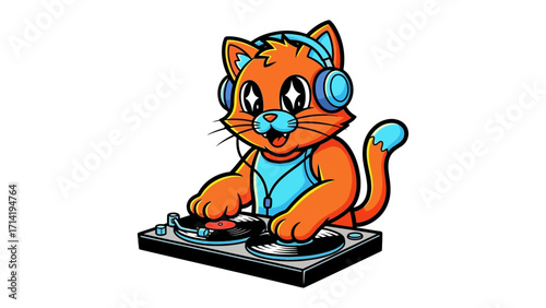 DJ Cat: An adorable cartoon cat with headphones is mixing music on a turntable, capturing the joy and rhythm of electronic music. 