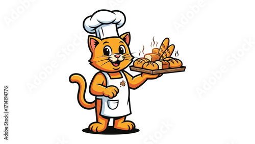 Purrfect Bakery: A cheerful cartoon cat, attired in a chef's hat and apron, presents a tray of freshly baked bread. It's a charming scene