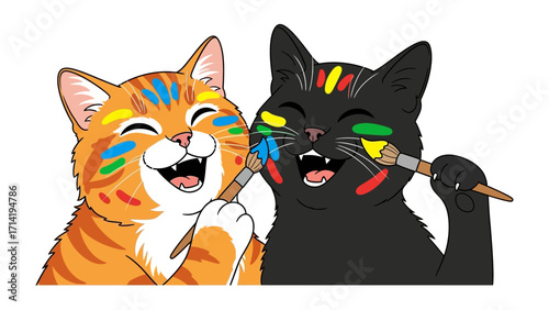 Whimsical Feline Artist Duo: Two joyful cats, a vibrant orange tabby and a sleek black cat, playfully decorate each other's faces with colorful paintbrushes, creating a joyful scene.