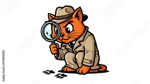 Detective Cat on the Case: An intrepid feline detective, donning a trench coat and fedora, employs a magnifying glass to uncover the secrets hidden within footprints in a vibrant illustrated scene.