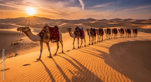 An impressive camel train makes its way through endless golden desert dunes as the sun dips below the horizon, painting the sky with warm colors and highlighting the serene journey