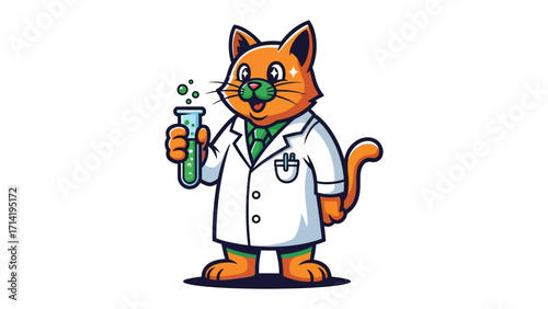 Whimsical Experiment: A charming cartoon cat, attired in a lab coat, excitedly conducts a scientific experiment with a vibrant test tube, a playful blend of science and lightheartedness.
