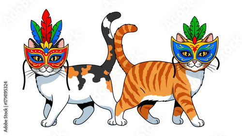 Masked Cat Carnival Duo: Two charming felines, adorned with vibrant carnival masks and feathered headdresses, stand side-by-side, embodying the spirit of playful celebration and disguise.