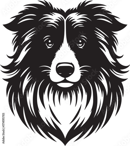 Border Collie Dog Vector Illustration, Black and White Silhouette, Pet Animal Design