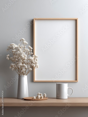 Elegant Mockup: A minimalist setting showcases a blank art frame, a bouquet of dried flowers, a ceramic vase, a plate with dried plants, and a coffee mug.  creating a serene and inviting atmosphere.