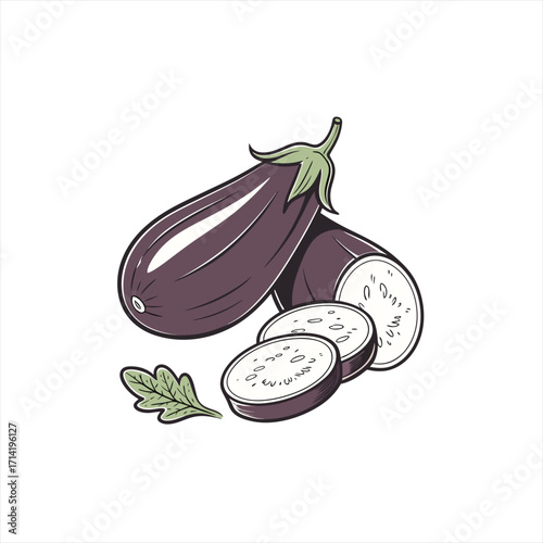 Fresh eggplant slices and whole vegetable illustration