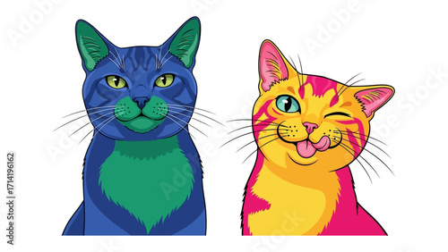 Playful Cats: A vibrant duo of cartoon cats brings a burst of color and personality, with one playfully sticking out its tongue and winking, each featuring unique markings and expressive eyes. 
